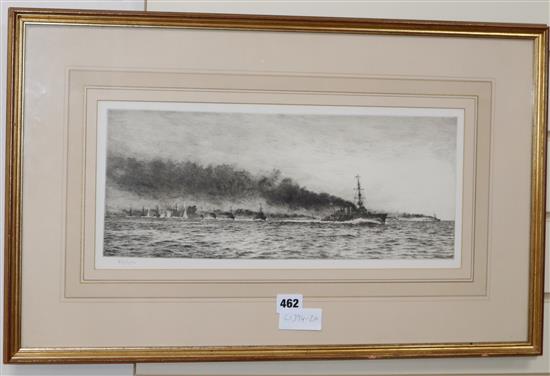 William Lionel Wyllie, etching, HMS Champion and the 13th Flotilla at Jutland, signed in pencil, 19 x 44cm